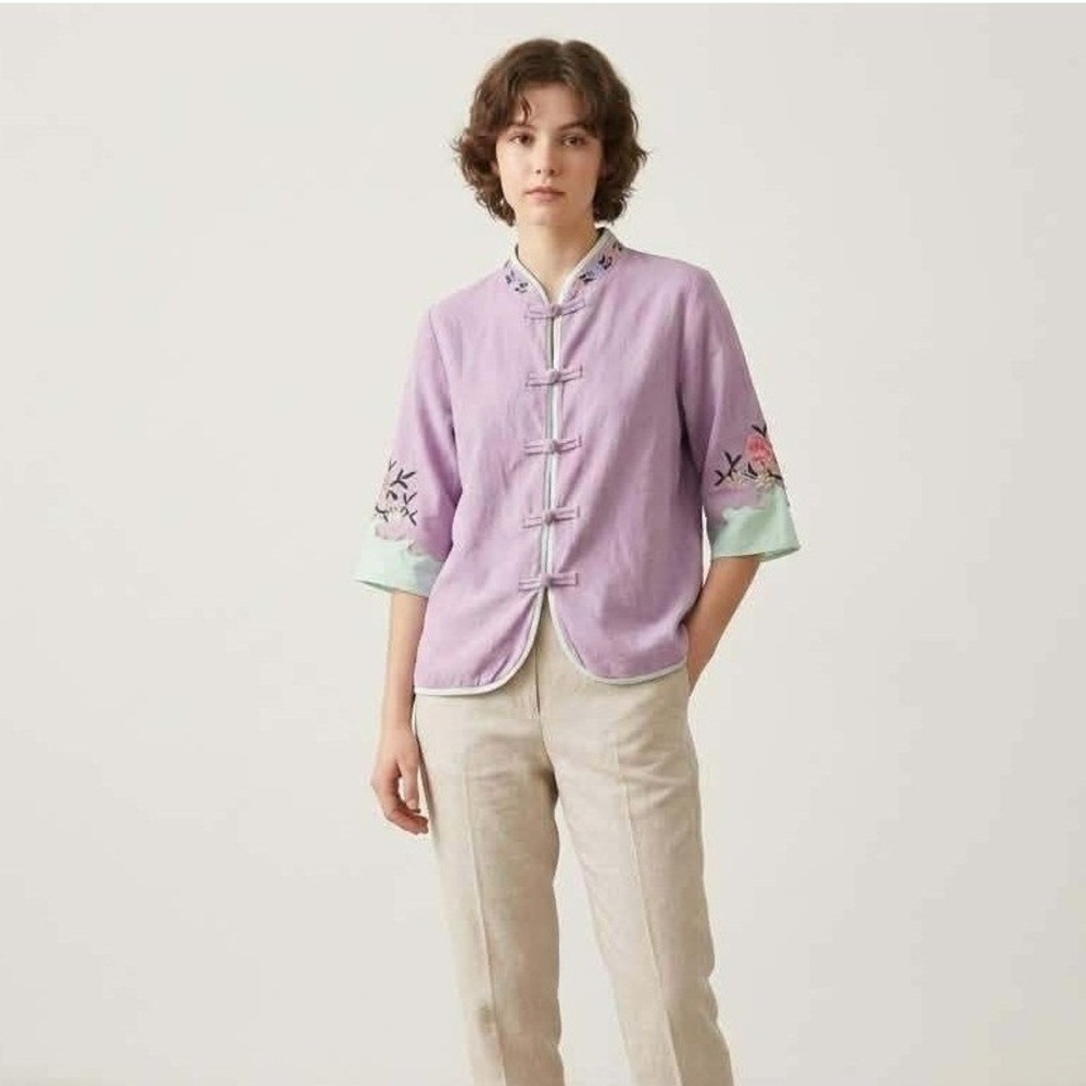 Vintage Floral Embroidered Frog Button Blouse Lavender Mint Green Top Size 3